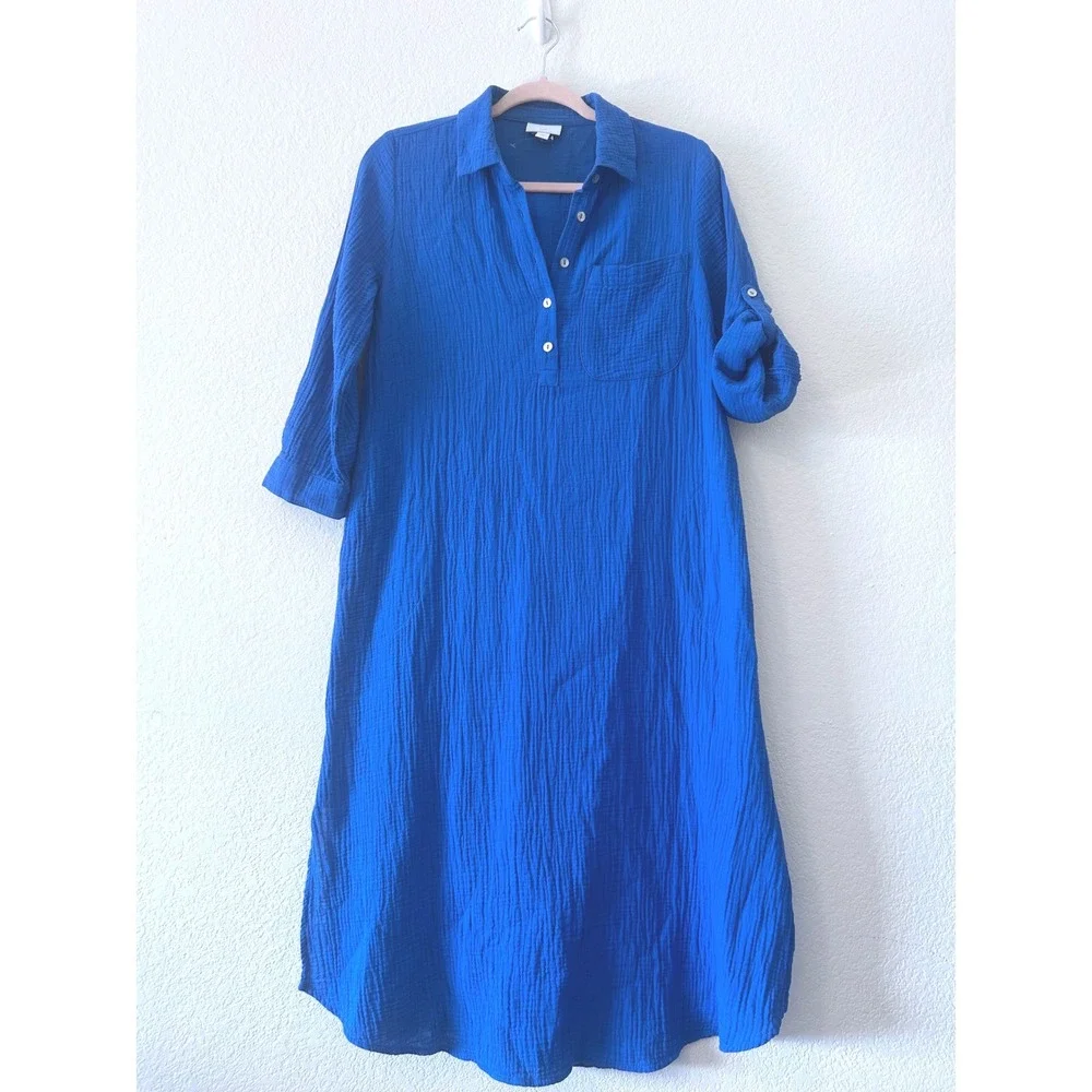 J. Jill 100% Cotton-Gauze‎ One-Pocket Blue Lagenlook Shirtdress SZ XS - Picture 2 of 10